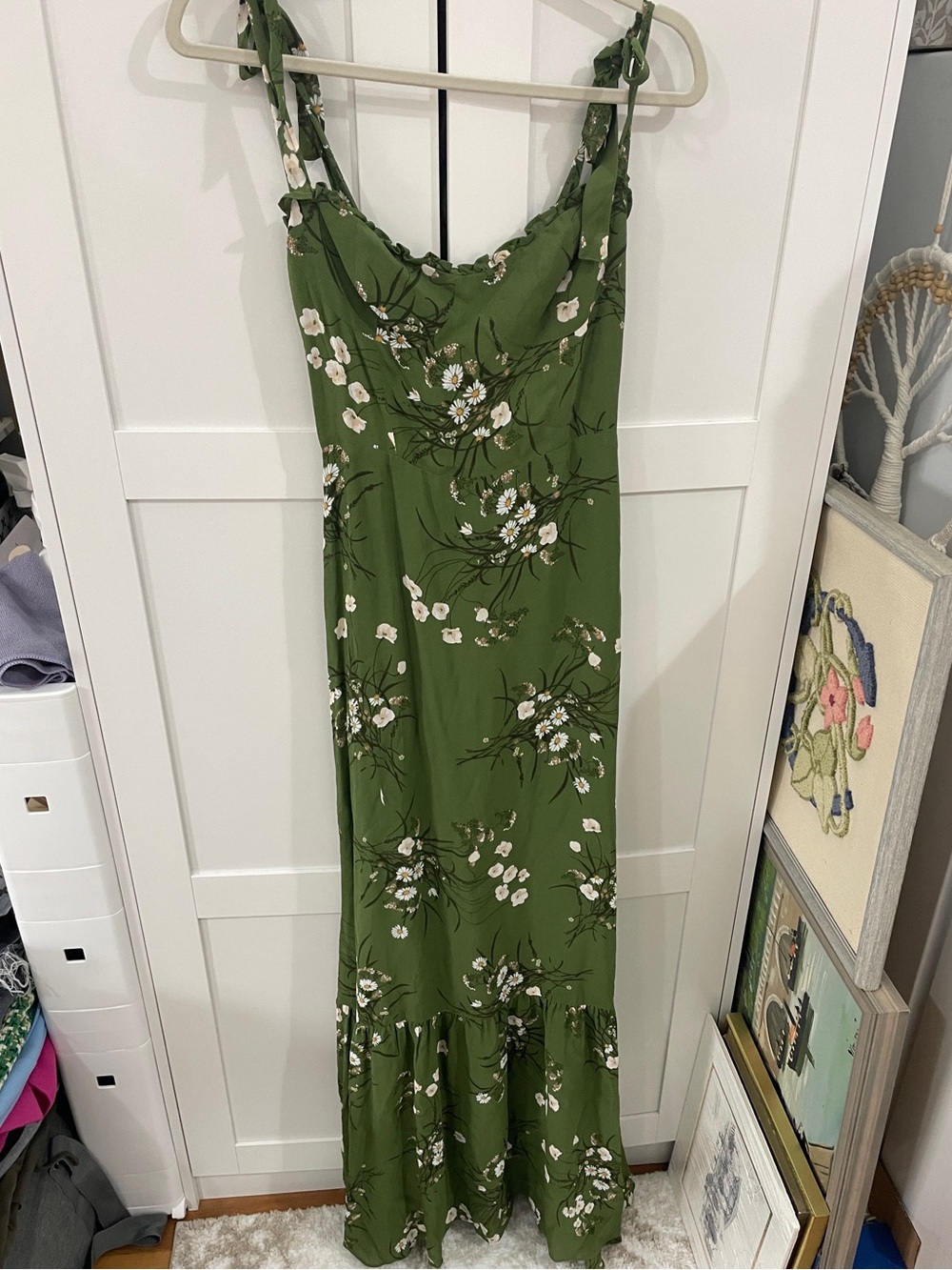 Reformation Green Floral Maxi Dress Size 4 Tie Strap Smocked Ruffle Viscose